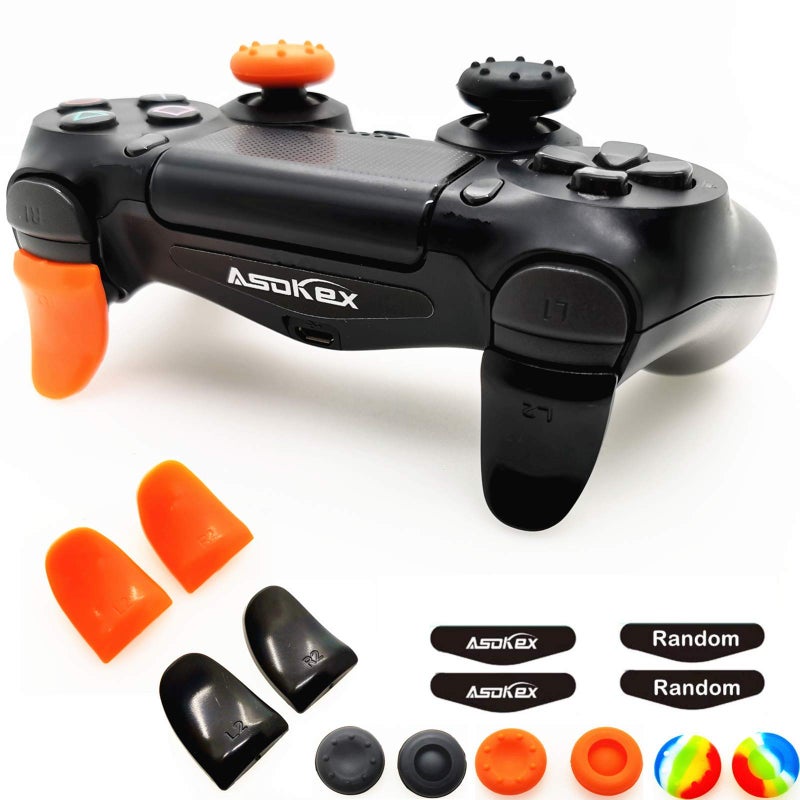 Asokex L2 R2 Triggers Ps4 (2 Pairs Trigger Extender,6Pcs Thumbstick Grips, 2 Pairs LED Light Bar Decal) for Ps4 Dualshock Controller(Black&Orange) - Image 2